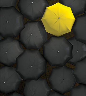 Yellow Umbrella Surrounded by All Black Umbrellas